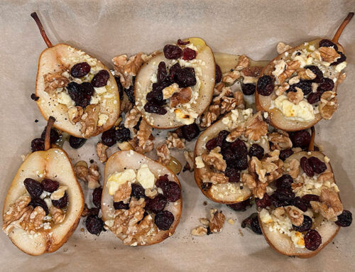 BAKED PEARS WITH FETA, HONEY, AND CRANBERRIES