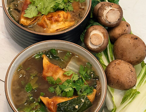 POTSTICKER SOUP WITH MUSHROOMS & BOK CHOY